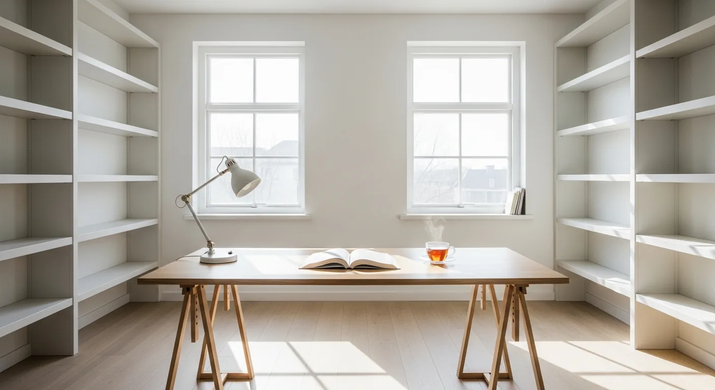 Espace intérieur minimaliste et lumineux avec des étagères vides, symbolisant la liberté du vide numérique