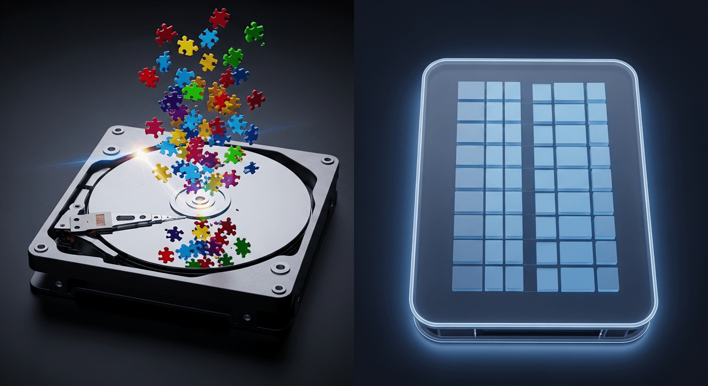 Comparaison HDD fragmenté et SSD propre illustrant la vitesse de lecture