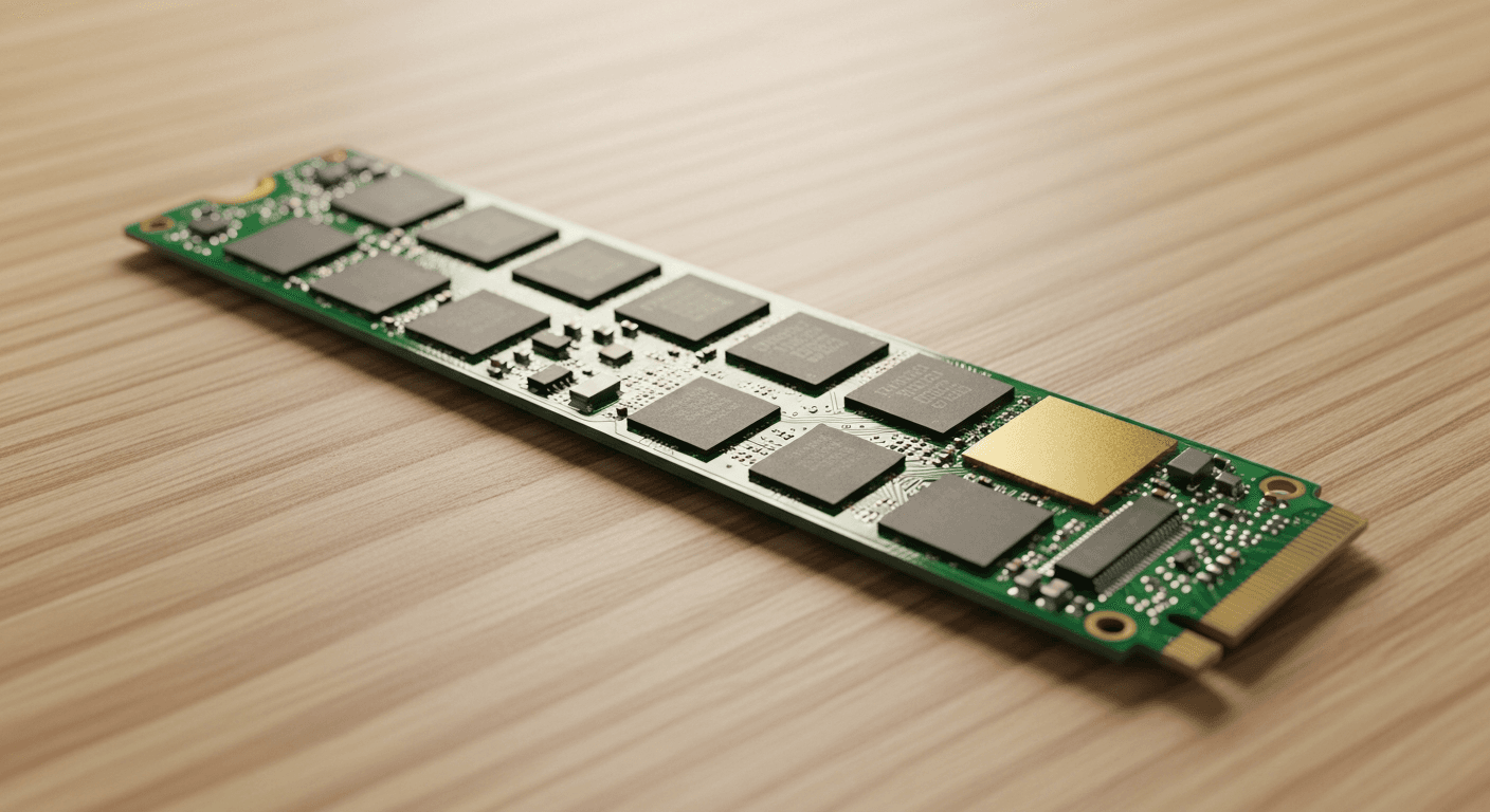 SSD format M.2 posé sur une surface en bois clair avec fond neutre