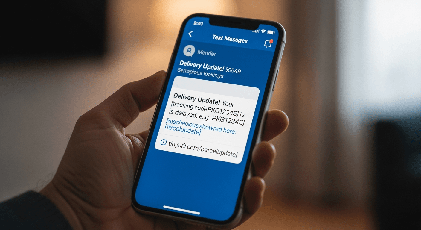 Smartphone affichant un SMS frauduleux imitant La Poste