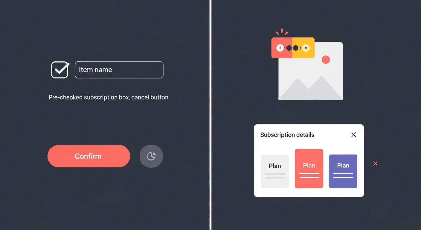 Exemples d'interfaces trompeuses : cases pré-cochées, compteurs de faux urgence, boutons cachés