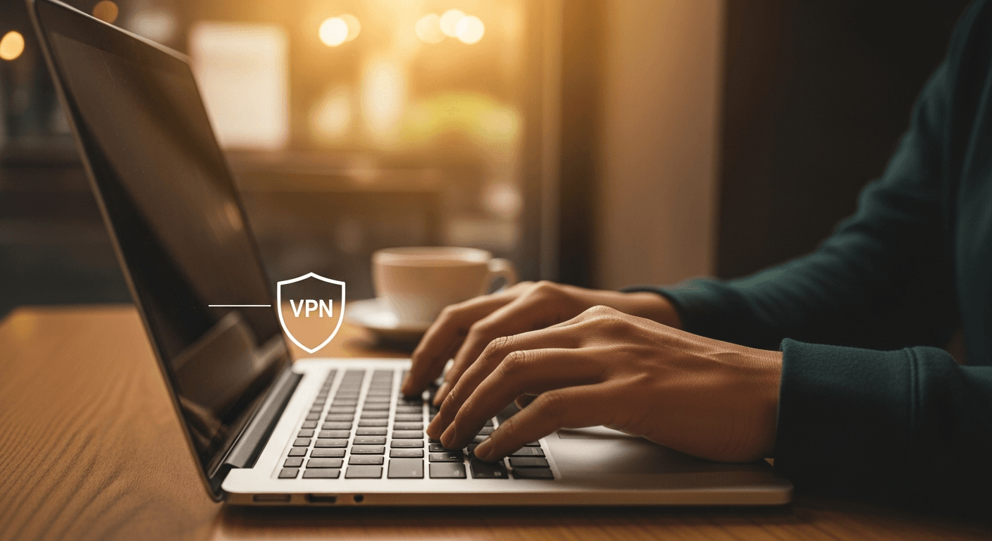 Personne utilisant un VPN sur son ordinateur portable dans un café