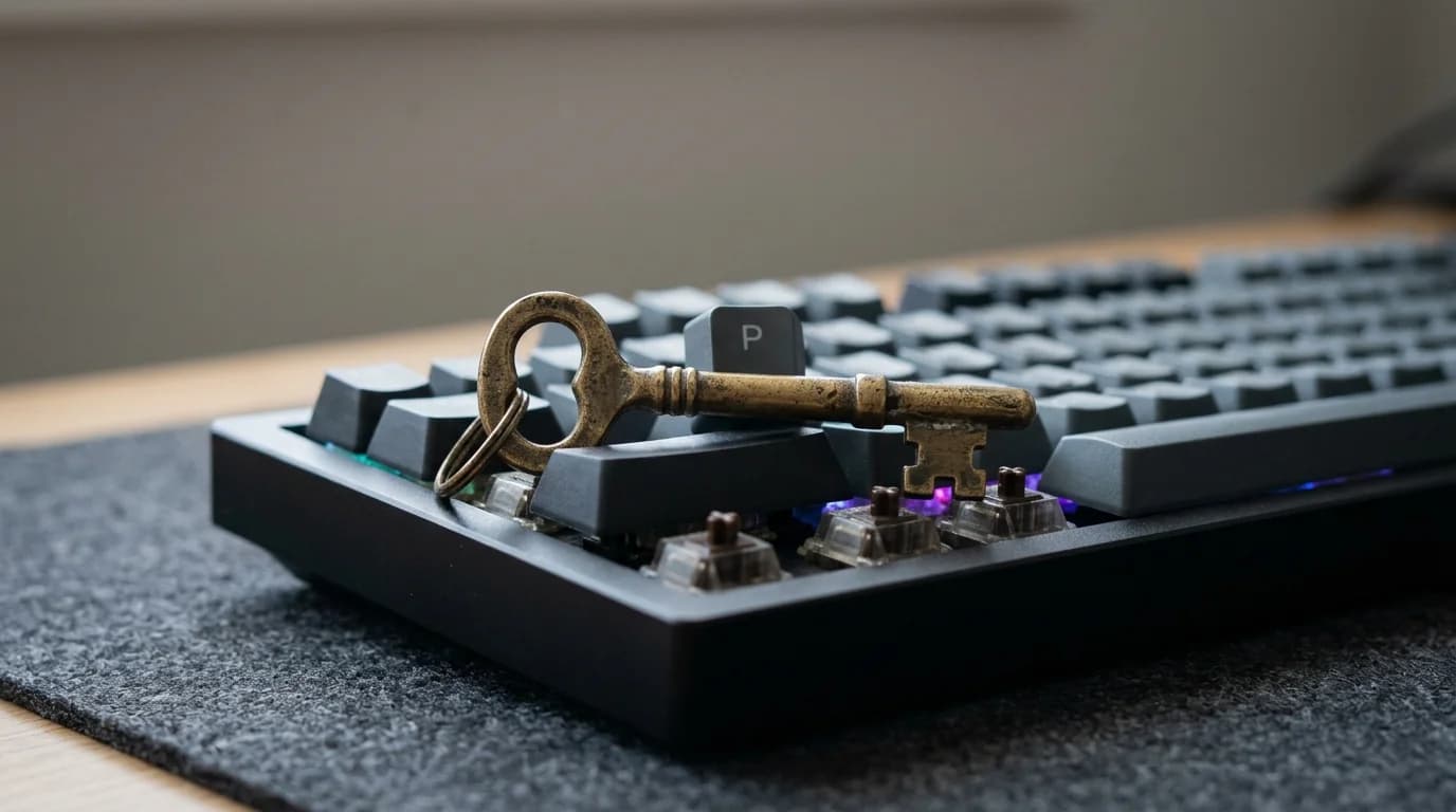 Clé physique posée sur un clavier d'ordinateur, symbolisant la sécurité numérique