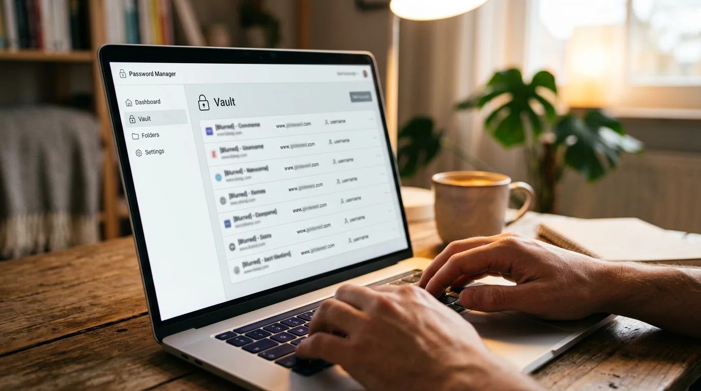 Interface d'un gestionnaire de mots de passe sur écran d'ordinateur portable, mains au clavier